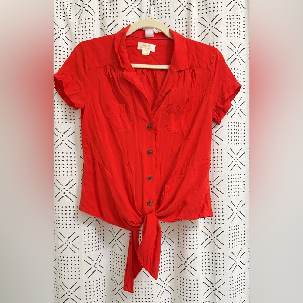 Anthropologie Red Tie-Front Button Down Top